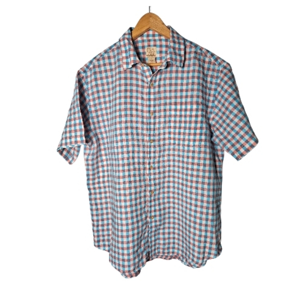 Josh A. Bank Mens Plaid Short Sleeve Shirt Blue And Pink 100% Linen Size L